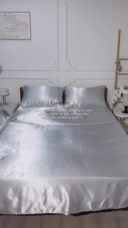 Grey Premium Satin Elastic Fitted Sheets with 2 Pillow Covers