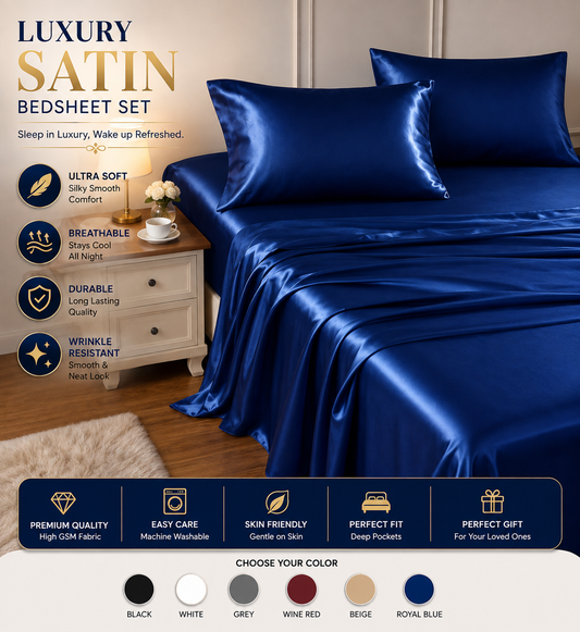 Blue Premium Satin Elastic Fitted Sheets with 2 Pillow Covers
