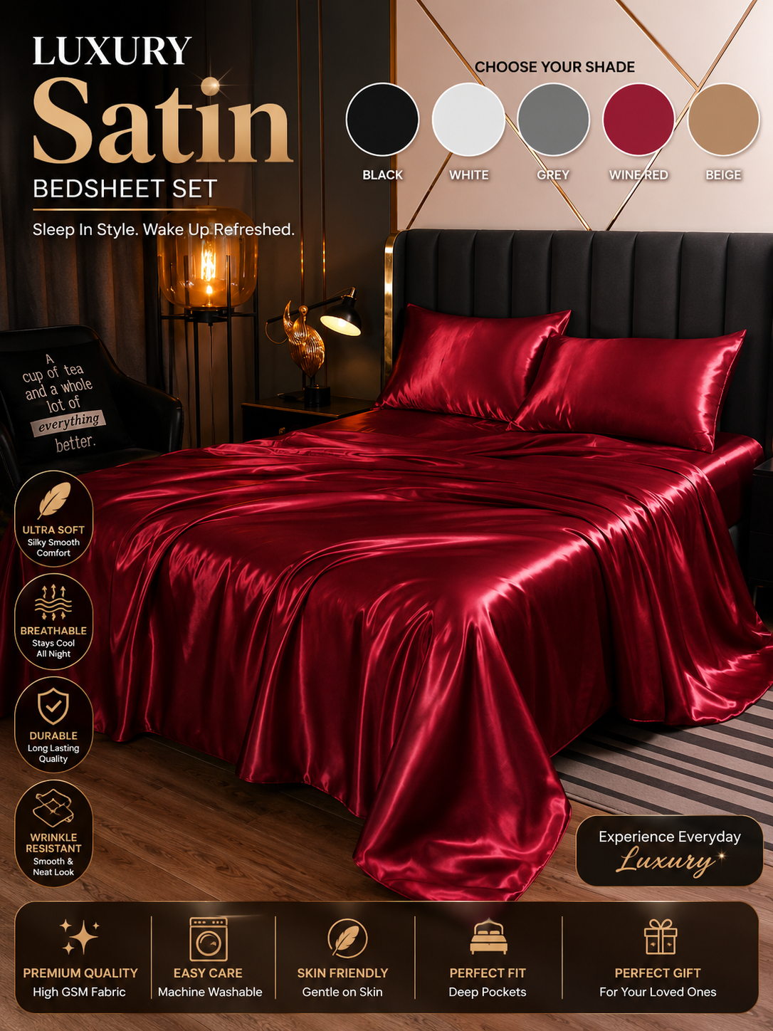 Maroon Premium Satin Elastic Fitted Sheets with 2 Pillow Covers