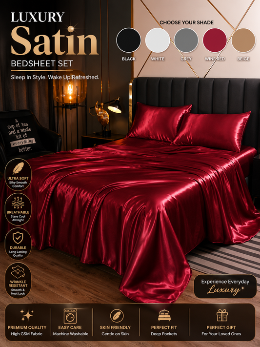 Maroon Premium Satin Elastic Fitted Sheets with 2 Pillow Covers