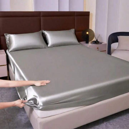 Grey Premium Satin Elastic Fitted Sheets with 2 Pillow Covers