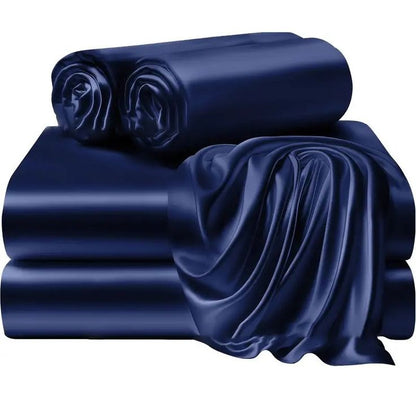 Blue Premium Satin Elastic Fitted Sheets with 2 Pillow Covers