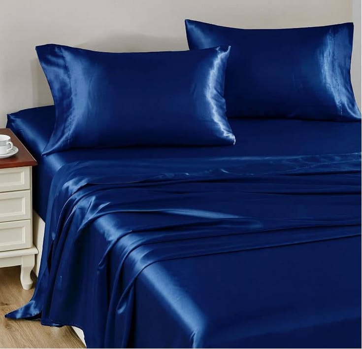 Blue Premium Satin Elastic Fitted Sheets with 2 Pillow Covers