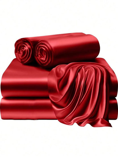 Maroon Premium Satin Elastic Fitted Sheets with 2 Pillow Covers