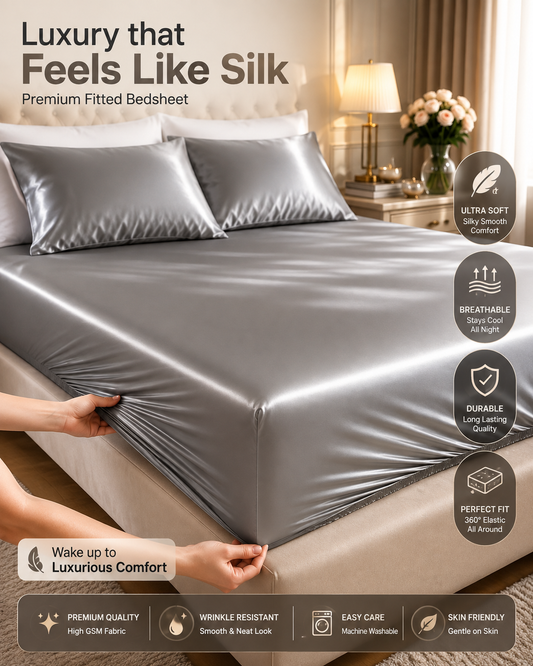 Grey Premium Satin Elastic Fitted Sheets with 2 Pillow Covers